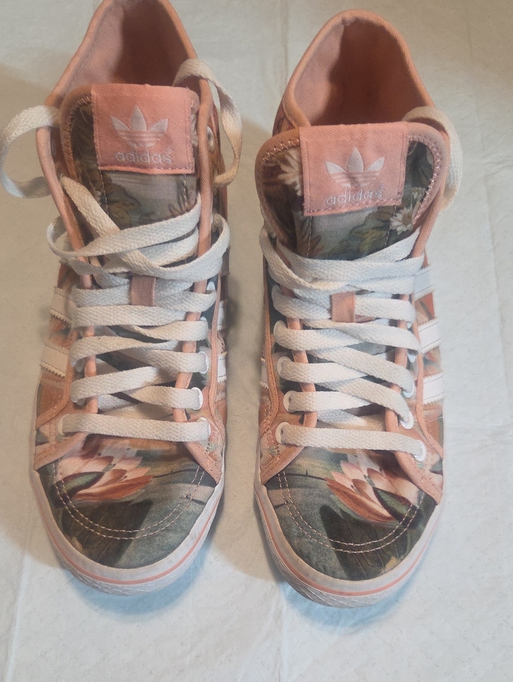 adidas Pink Floral High-Top Sneakers with White Stripes
